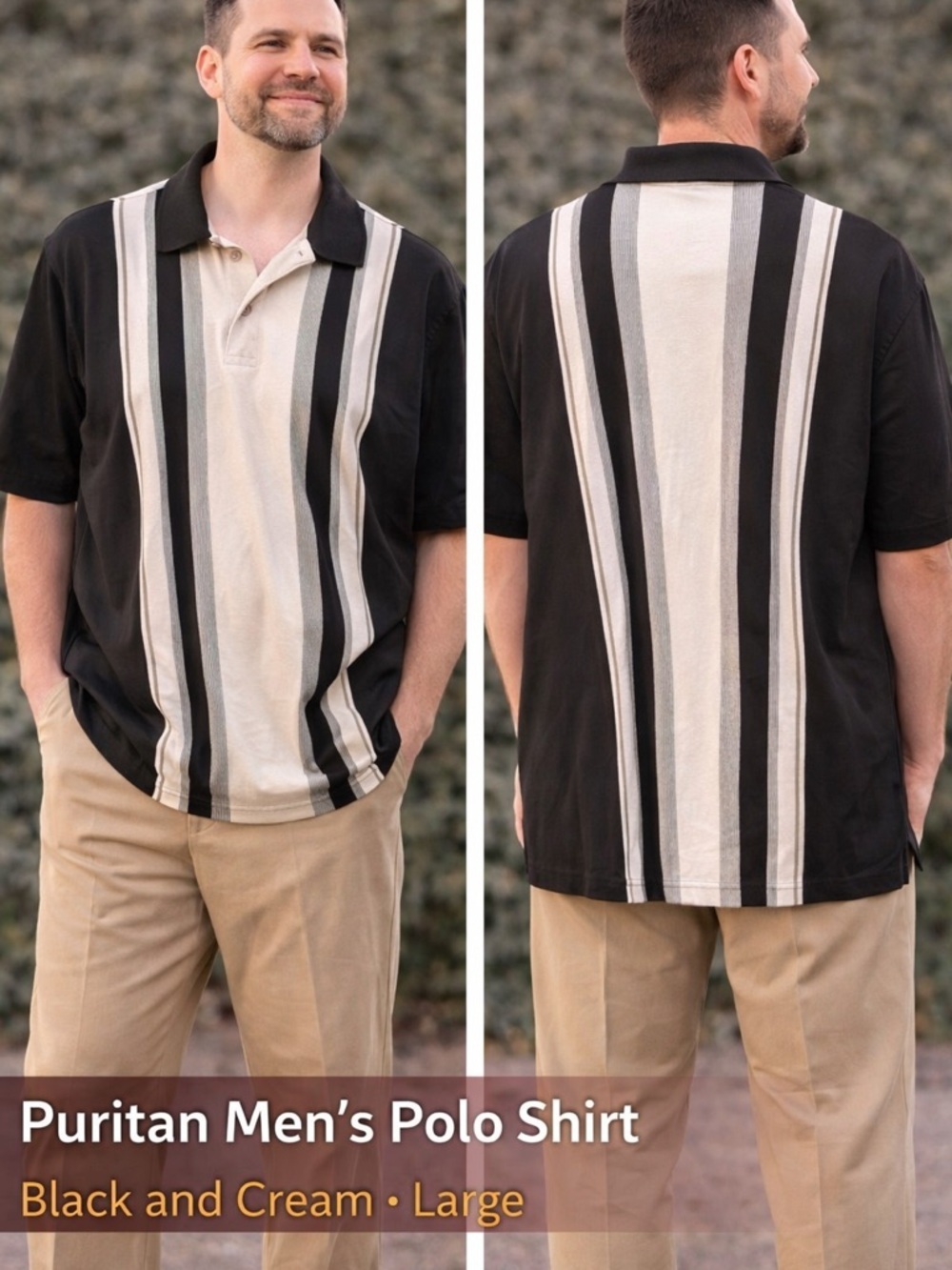 Puritan Men's Polo Shirt in Black and Cream LARGE